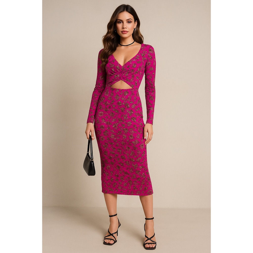 19 Cooper Dress Womens XS Pink Cutout Ruched Floral Bodycon Midi Baddie Club‎